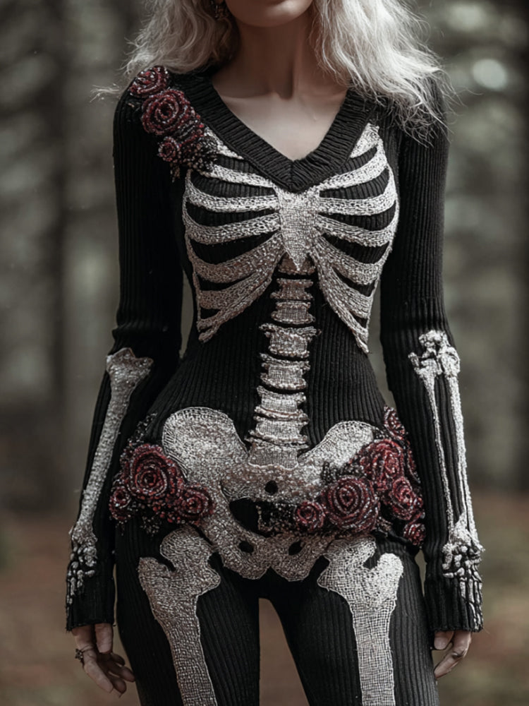 Comstylish Women's Halloween Skeleton Rose Sexy V-neck Sweater