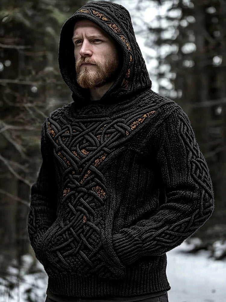 Men's Viking Jacquard Celtic Style Cozy Knit Hooded Sweater artswardrobe