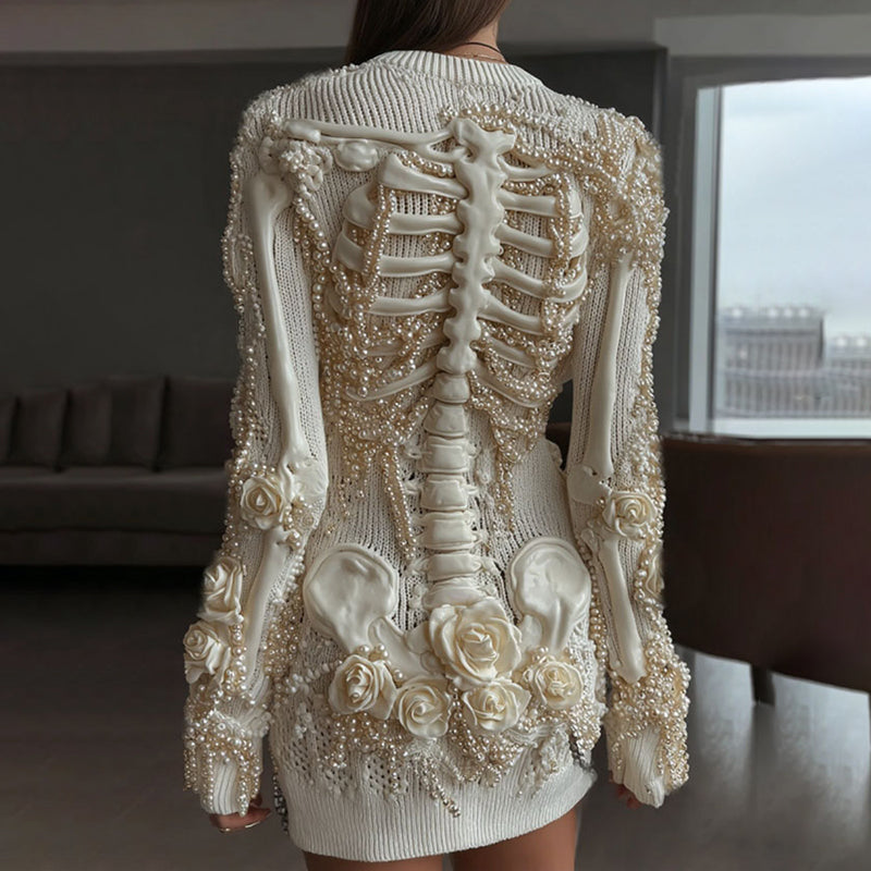 Comstylish Women's Vintage Skeleton & White Floral Art Cozy Sweater Dress
