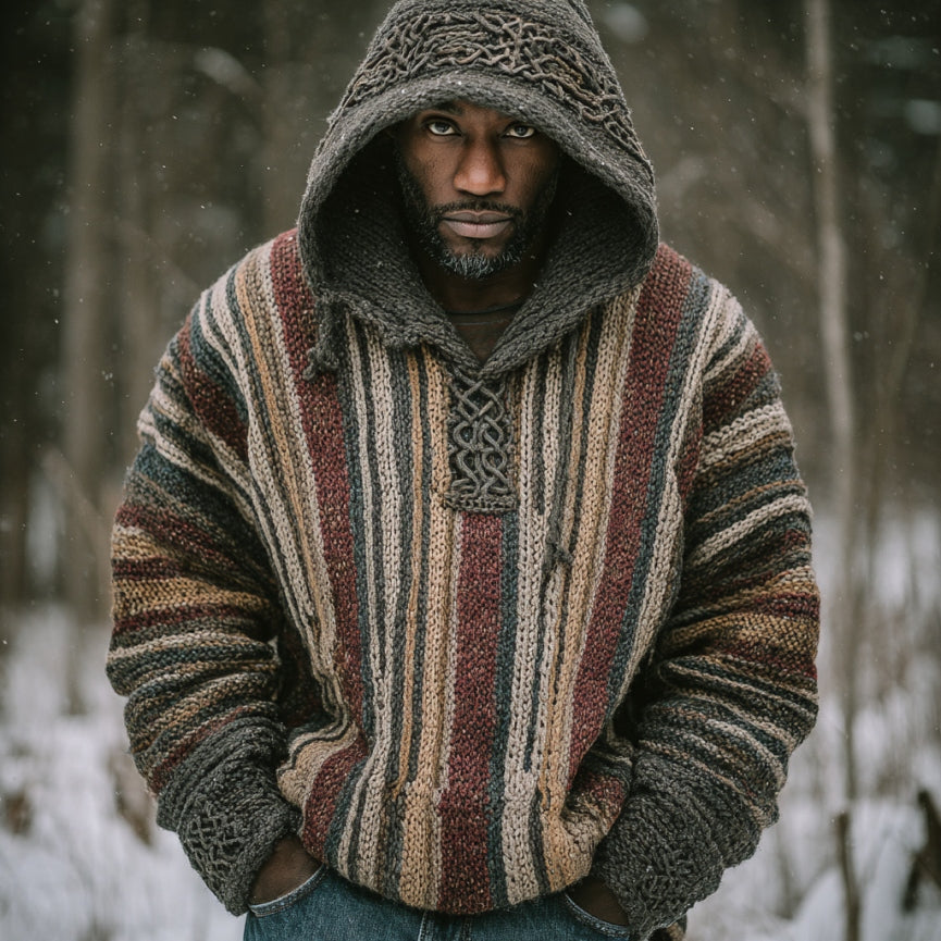 Men's Retro Colorful Striped Celtic Art Knit Hooded Sweater artswardrobe