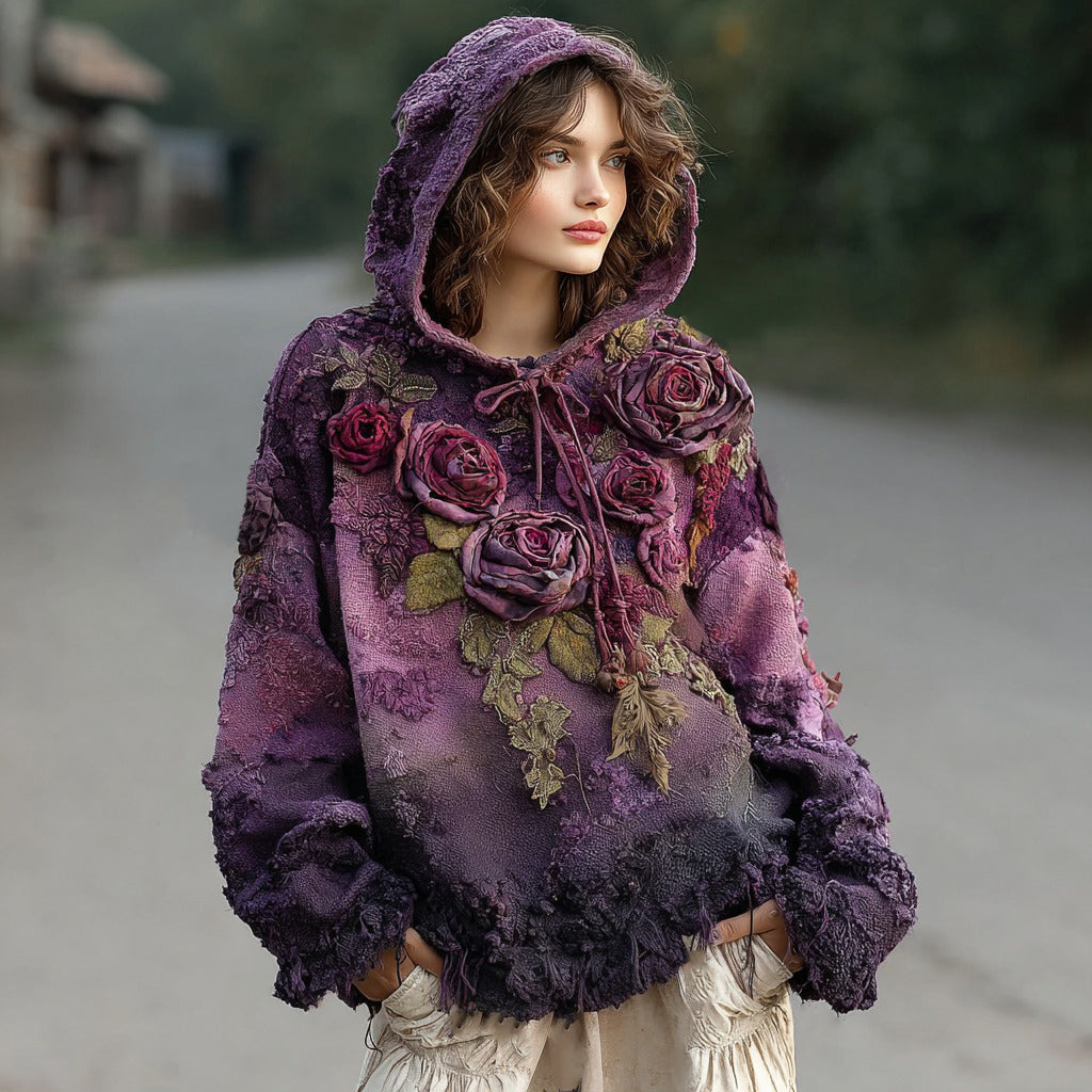 Women's Vintage Rose Floral Knitted Warm Hoodie Sweater elevenforest