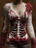 Comstylish Classy Skeleton Bloody Roses V Neck Cozy Sweater
