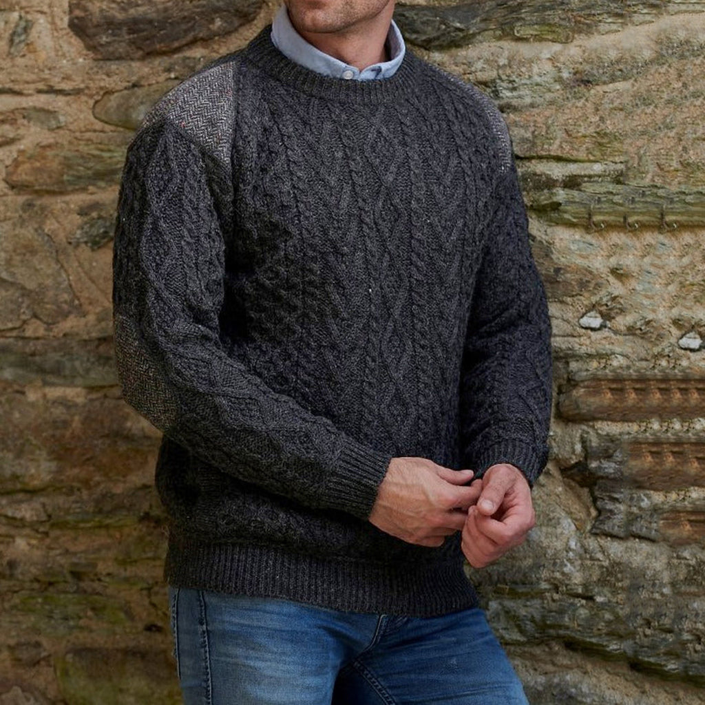 Men'S Retro Patchwork Jacquard Knitting Crew Neck Aran Sweater artswardrobe