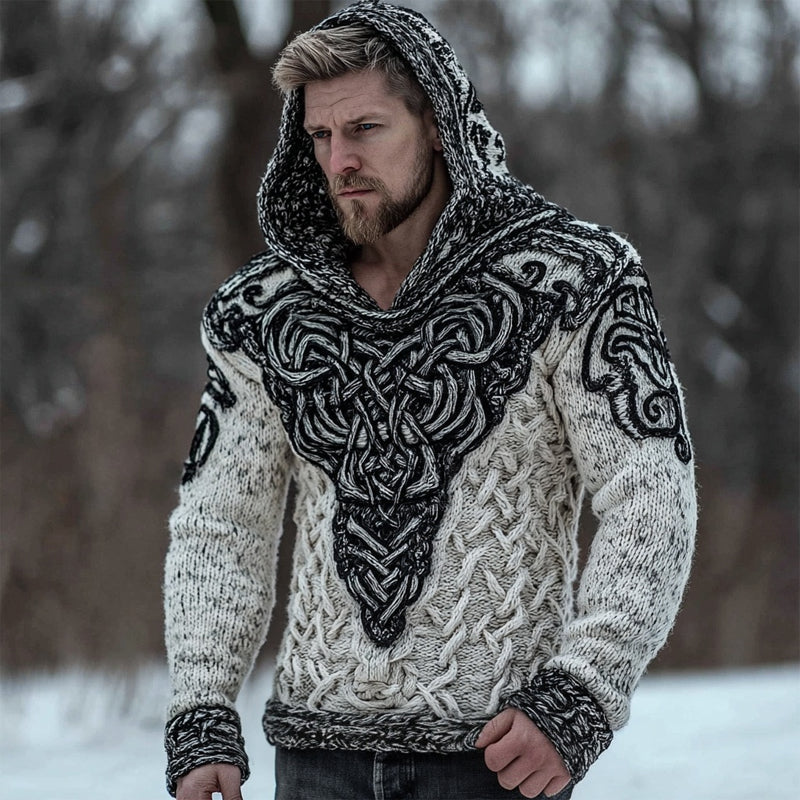 Men's Viking Inspired Celtic Chunky Knit Hooded Sweater artswardrobe