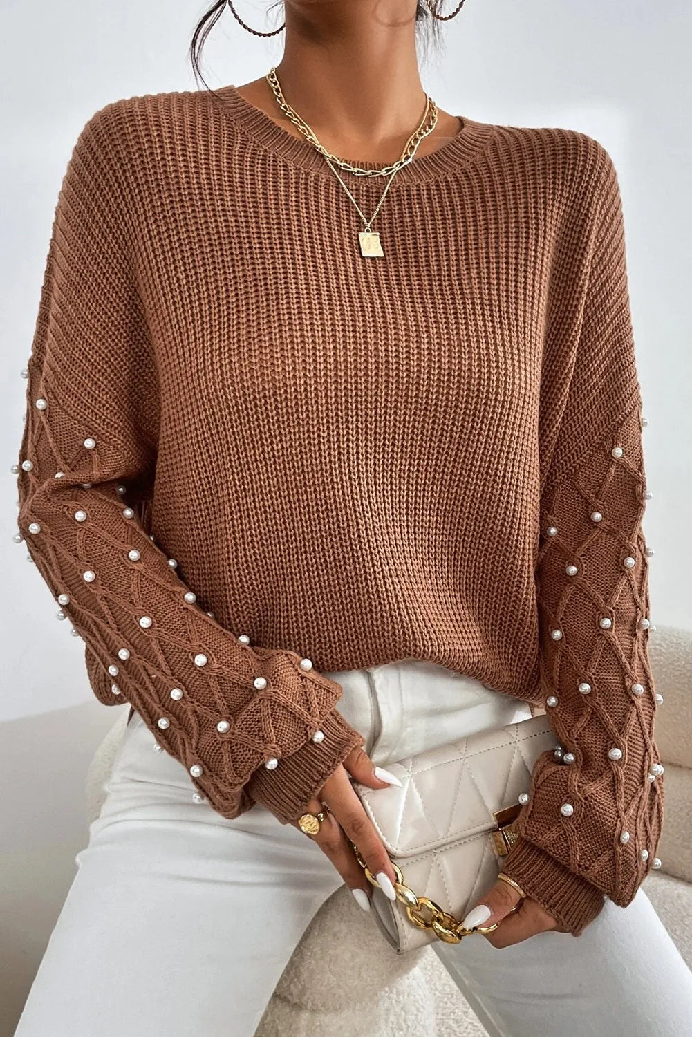 Sofia® | Long sleeve crew neck sweater with pearl detail