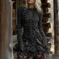 Women's Halloween Skeleton With Rose And Raven Celtic Knit Mini Sweater Dress artswardrobe