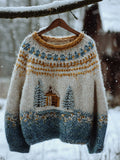 Comstylish Winter Forest Cottage Landscape Colorblock Knit Isle Sweater