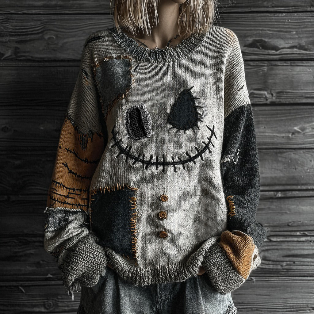 Halloween Spooky Face Contrast Stitched Cozy Knit Sweater artswardrobe