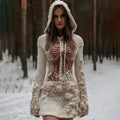 Comstylish Women's Vintage Halloween Skeleton & Rose Art Cozy Sweater Hooded Dress