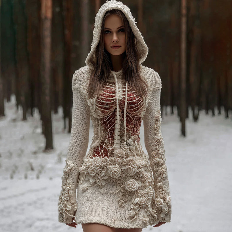 Comstylish Women's Vintage Halloween Skeleton & Rose Art Cozy Sweater Hooded Dress