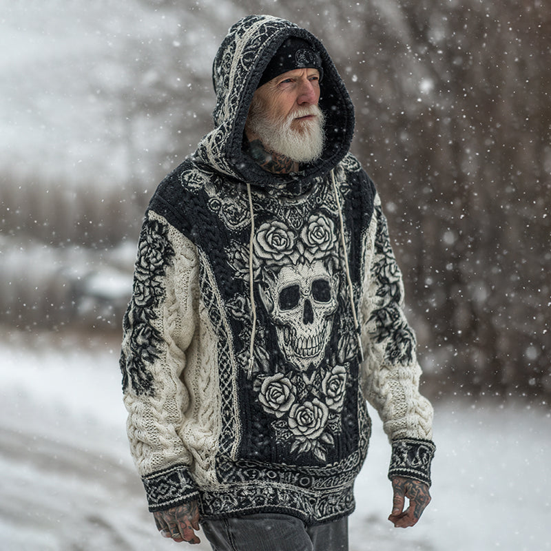 Men's Viking Tribal Jacquard Celtic With Rose And Skull Inspired Chunky Knit Hooded Sweater artswardrobe