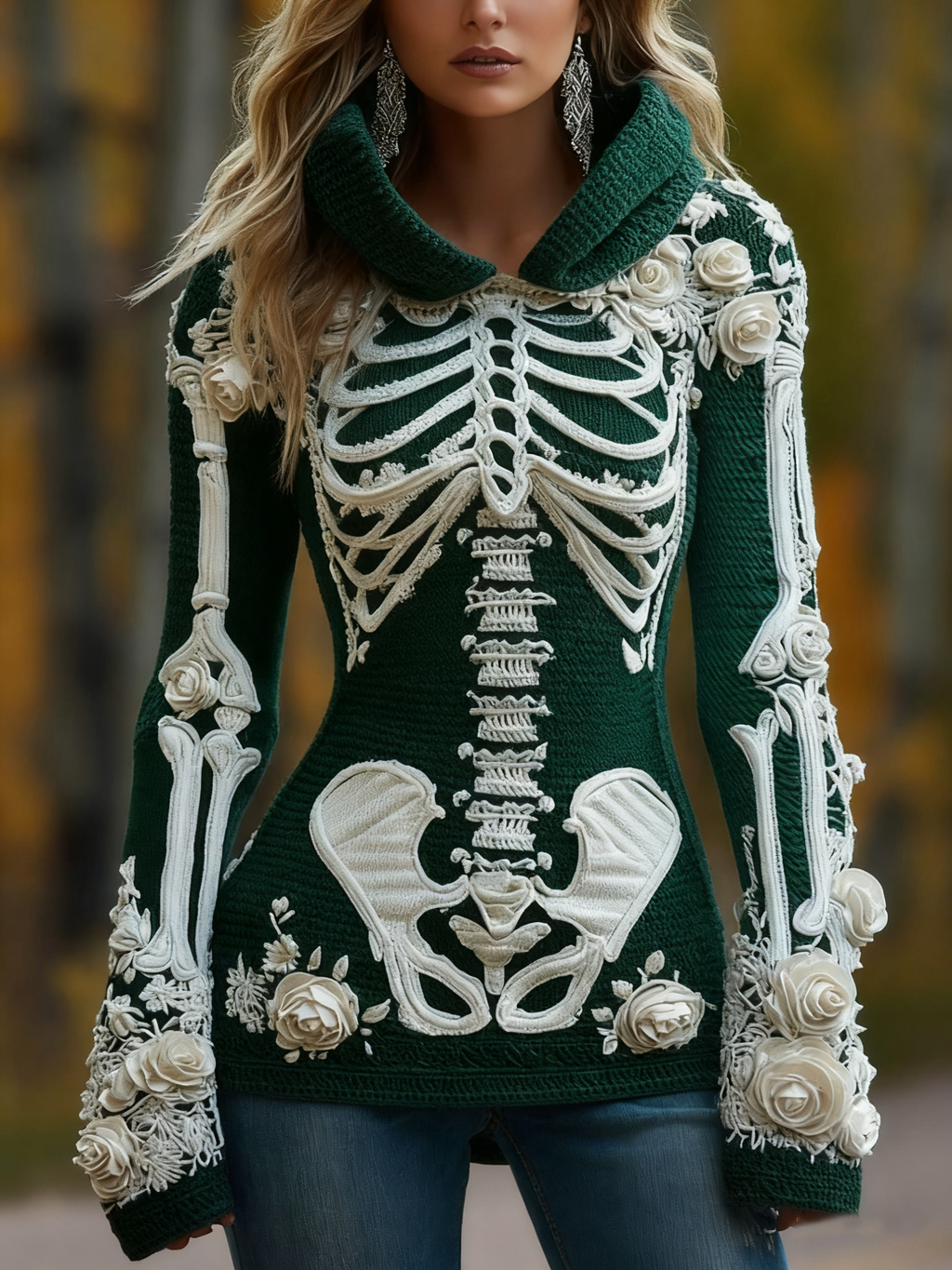 Women's Halloween Skeleton Bones With Roses Art Knitted Warm Hooded Sweater artswardrobe