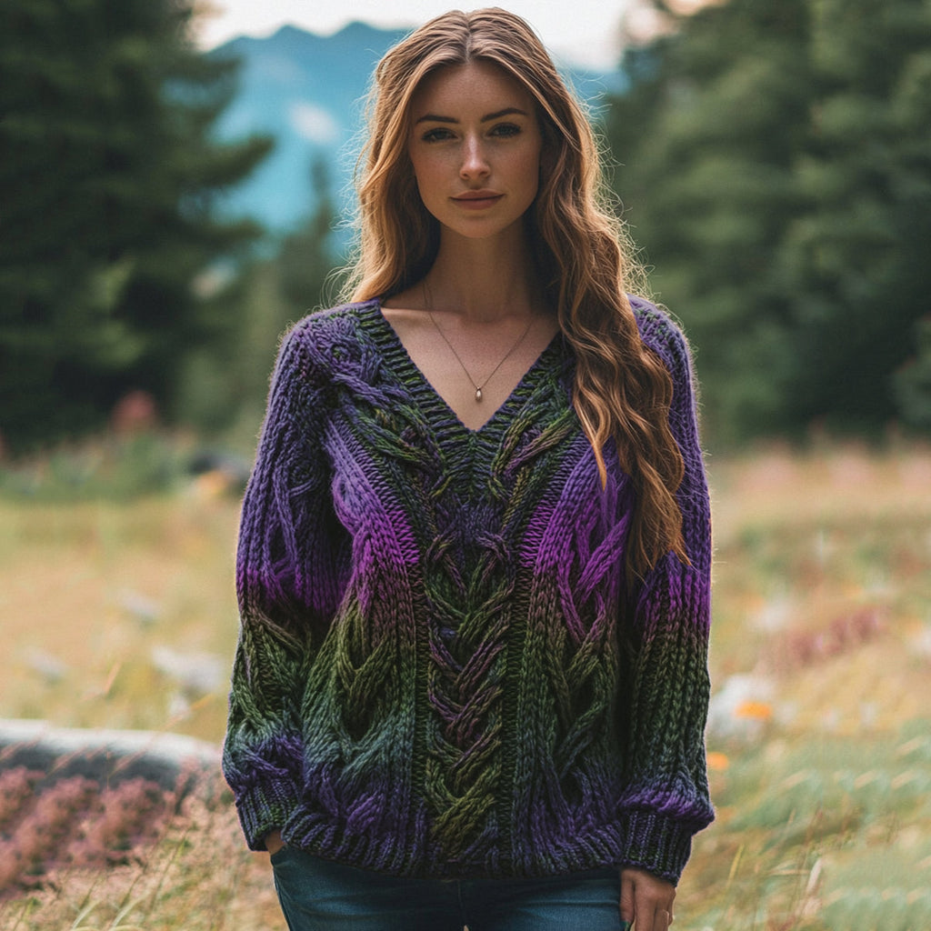 Classic Celtic Chunky Rainbow Color V Neck Cozy Sweater artswardrobe