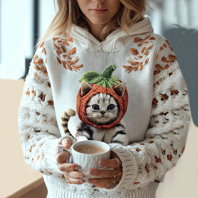 Women's Cute Winter Pumpkin Cat Art Knitted Warm Sweater