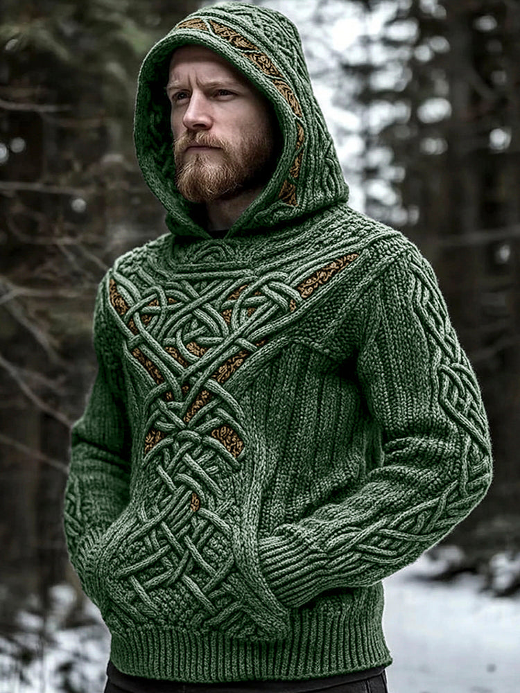 Men's Viking Jacquard Celtic Style Cozy Knit Hooded Sweater elevenforest