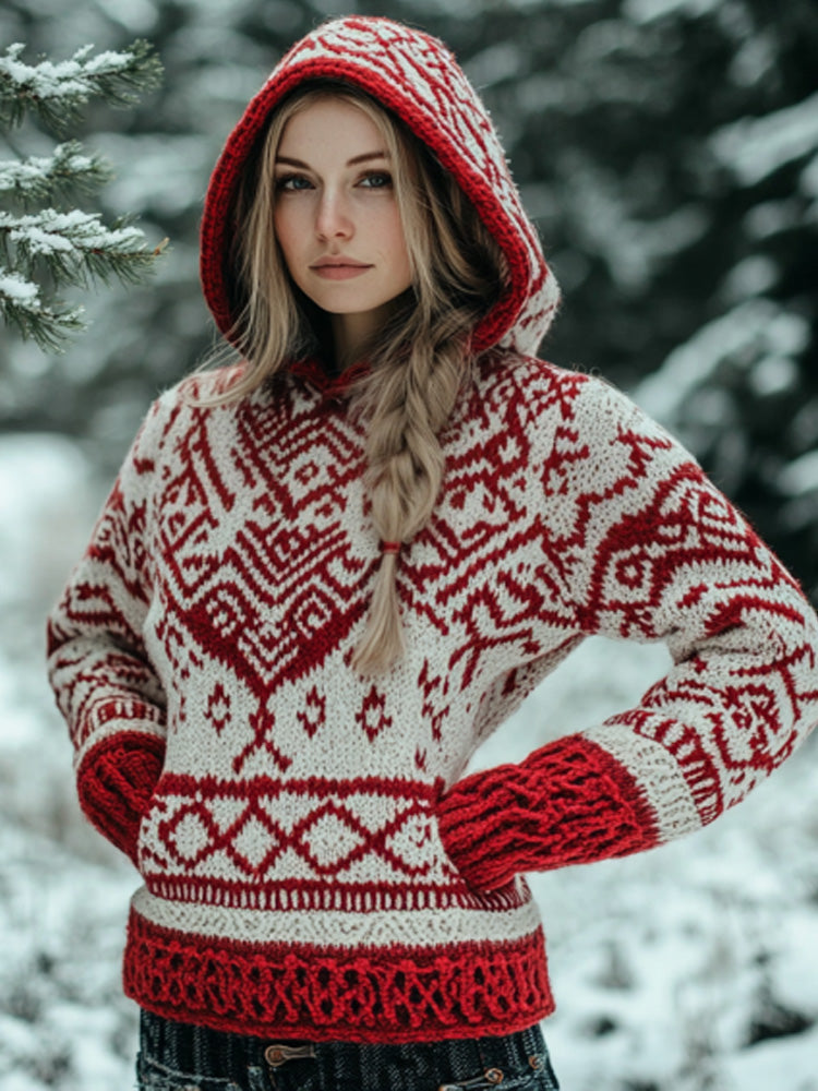 Women's Vintage Viking Valentine's Day Love Jacquard Hooded Sweater artswardrobe