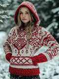 Women's Vintage Viking Valentine's Day Love Jacquard Hooded Sweater elevenforest