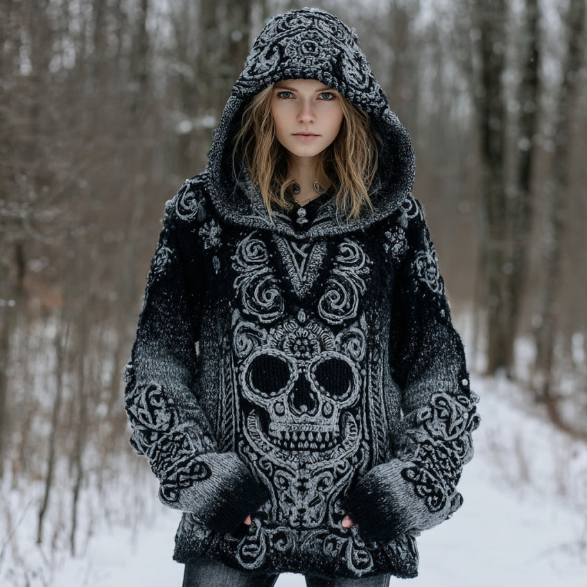 Women's Vintage Skull Gradient Art Knit Hooded Sweater artswardrobe