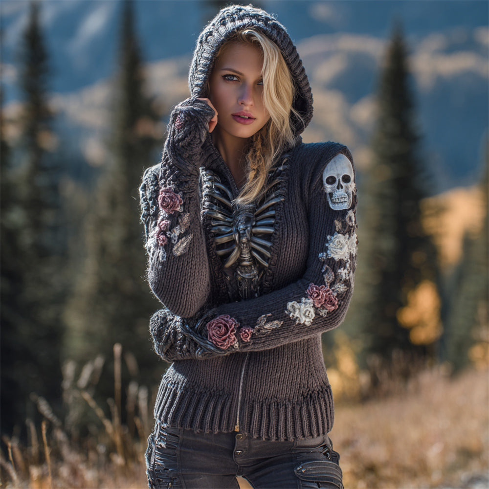 Comstylish Halloween Mechanical Skeleton Floral Knit Art Women's Hooded Zipper Sweater