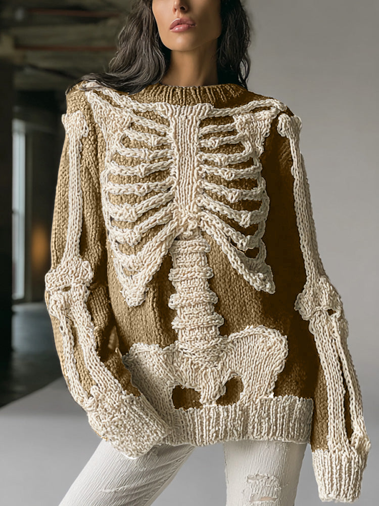 Comstylish Women's Vintage Halloween Skull Embroidered Sweater