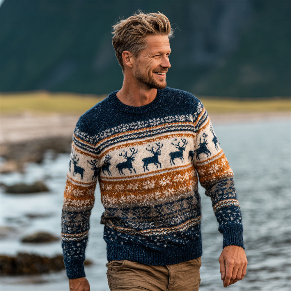 British-style Christmas Reindeer Stripe Design Men's Icelandic Sweater artswardrobe