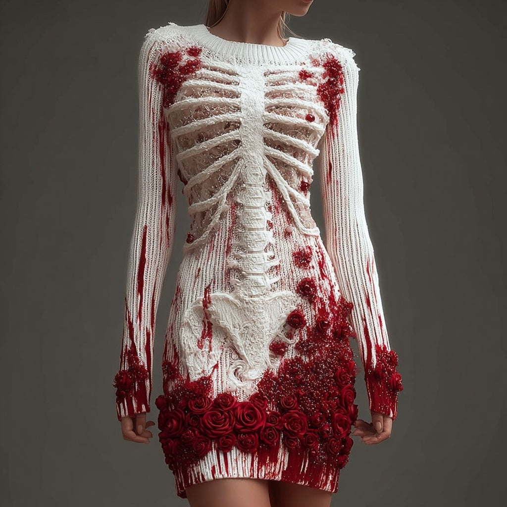 Comstylish Bloody Skeleton Roses Embroidered Comfy Sweater Dress
