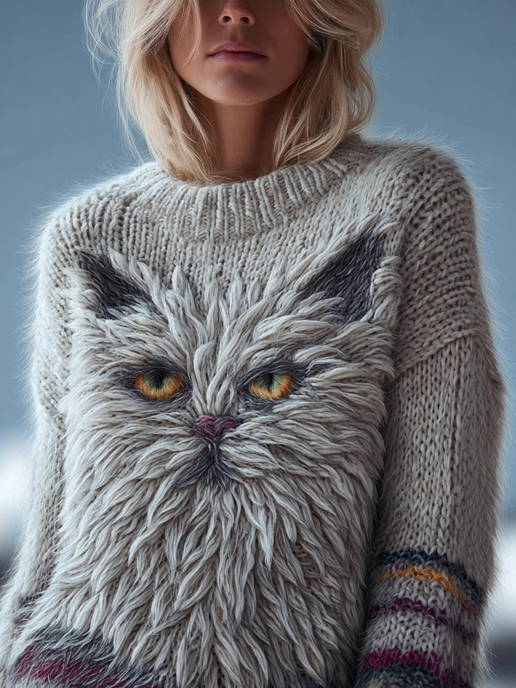 Comstylish Cute Fuzzy Cat Embroidered Crew Neck Cozy Sweater