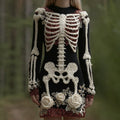 Women's Vintage Halloween Skeleton Bones Rose Art Cozy Knit Mini Sweater Dress artswardrobe