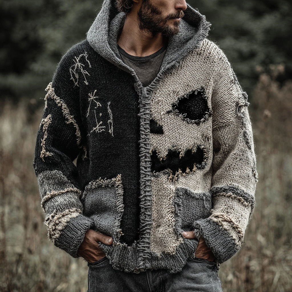 Halloween Spooky Face Contrast Stitched Zipper Hooded Cozy Knit Sweater artswardrobe