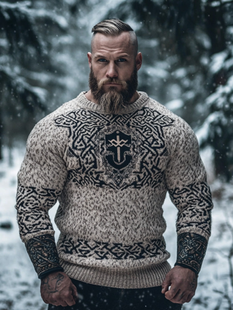 Men's Vintage Viking Style Thor's Hammer Print Jacquard Cozy Knit Hooded Sweater artswardrobe