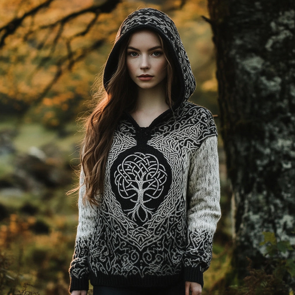 Women's Vintage Celtic Tree Of Life Jacquard Ombre Hooded Sweater artswardrobe