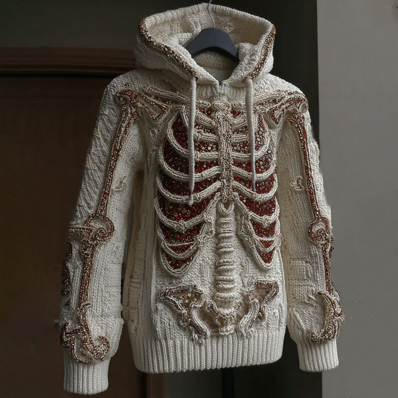 Comstylish Women's Vintage White Skeleton Art Cozy Hooded Sweater