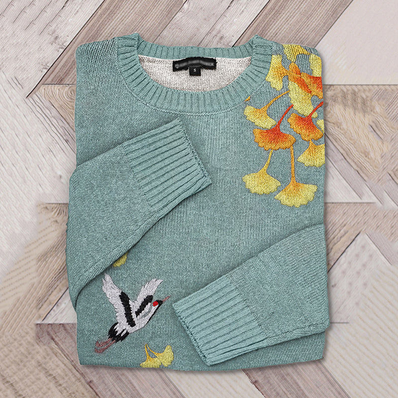 Comstylish Japanese Crane And Ginkgo Embroidery Knitted Crew Neck Sweater