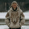 Men's Vintage Viking Wolf Art Cozy Knit Hooded Sweater artswardrobe