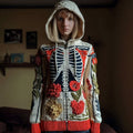 Comstylish Women's Vintage Skull Rib Flower Embroidery Art Cozy Knitted Zip Up Hooded Sweater