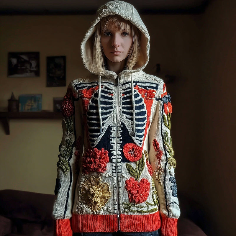 Comstylish Women's Vintage Skull Rib Flower Embroidery Art Cozy Knitted Zip Up Hooded Sweater