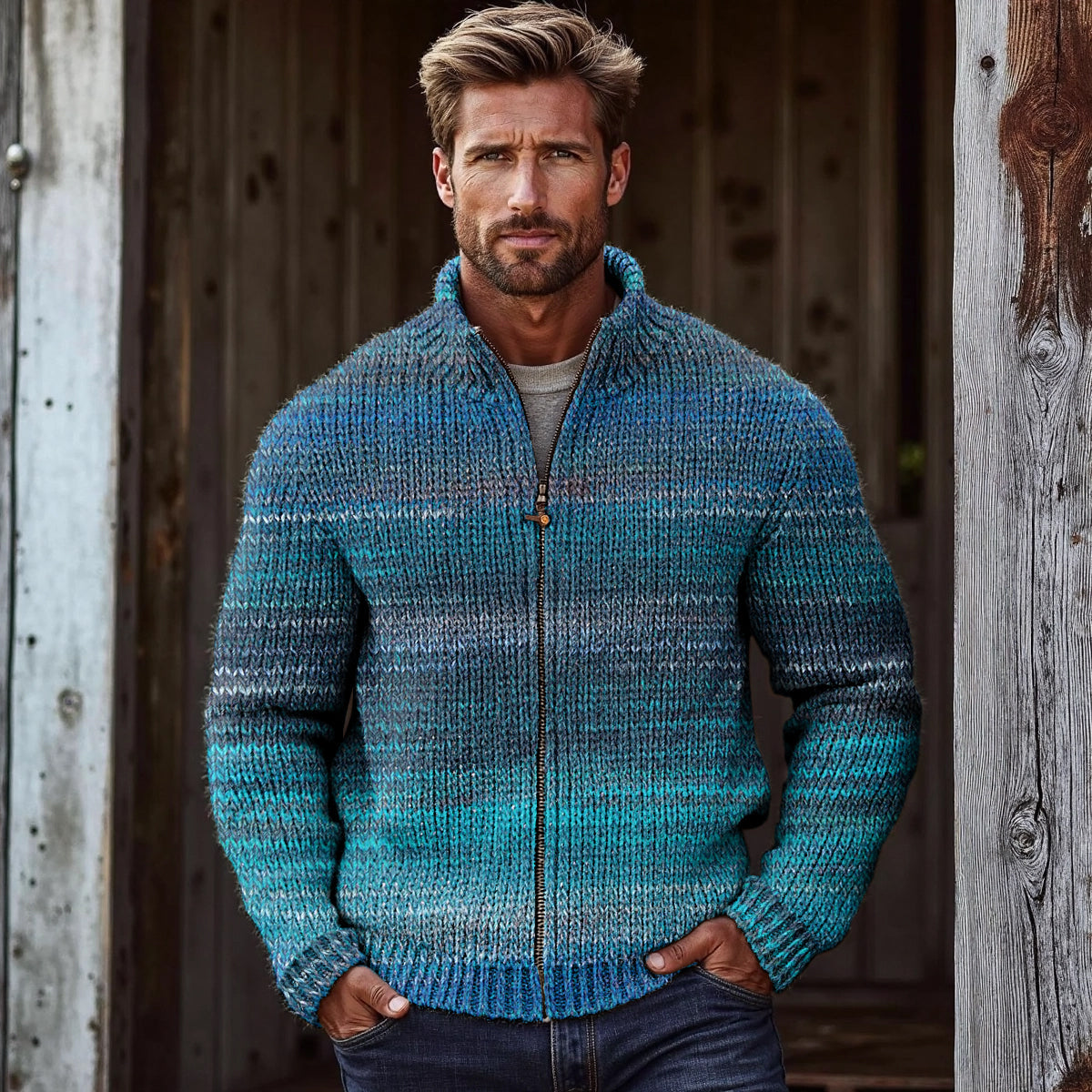 Men's Vintage Stripes Gradient Knitted Zip Cozy Sweater elevenforest