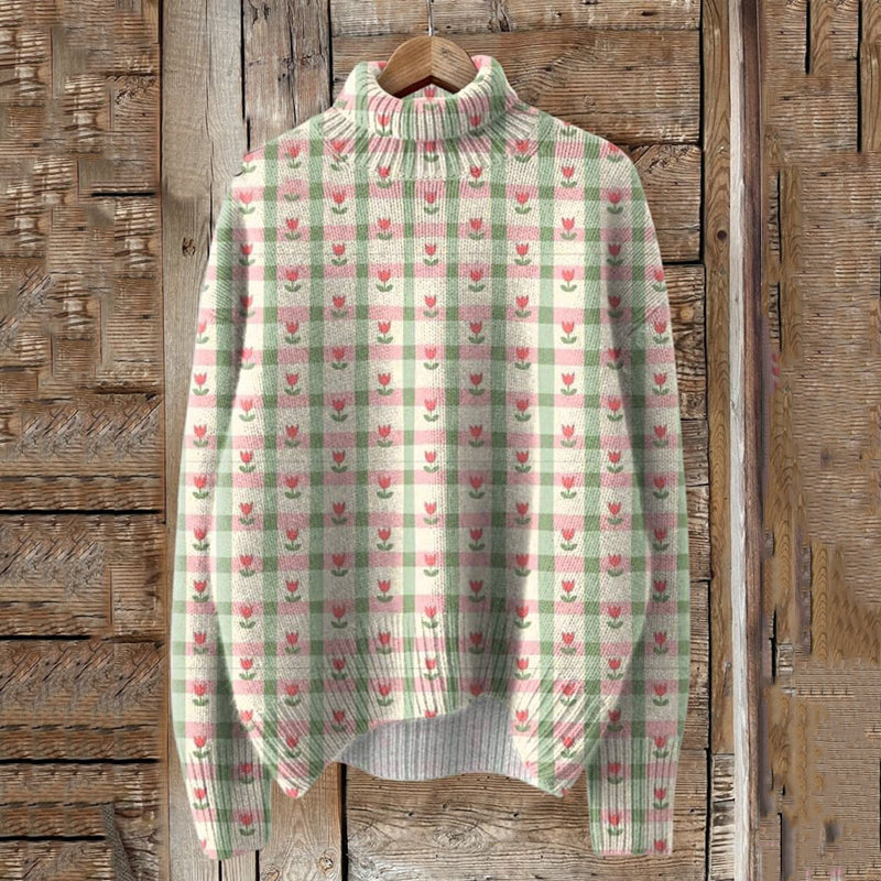 Vintage Floral Art Print Knit Turtleneck Pullover Sweater artswardrobe