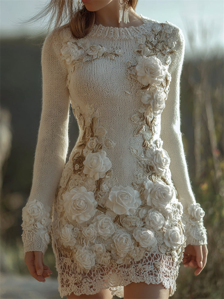 Comstylish Vintage White Roses Fiber Art Lace Cozy Sweater Dress
