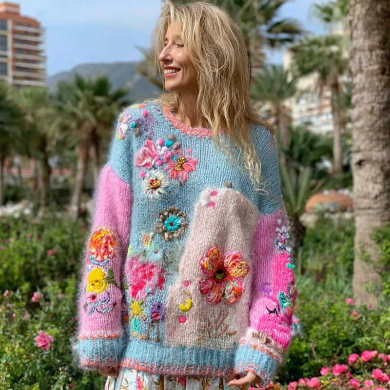 Women's Floral Embroidery Patchwork Art Pullover Knit Sweater artswardrobe