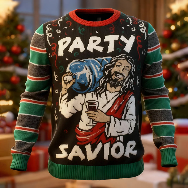 Comstylish Christmas Jesus Striped Pattern Casual Knit Sweater