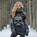 Women's Rose Skull Jacquard Chunky Knit Ombre Turtleneck Sweater artswardrobe
