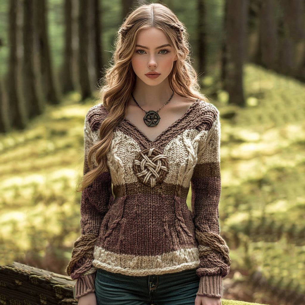 Vintage Contrast Jacquard V-neck Knit Sweater artswardrobe
