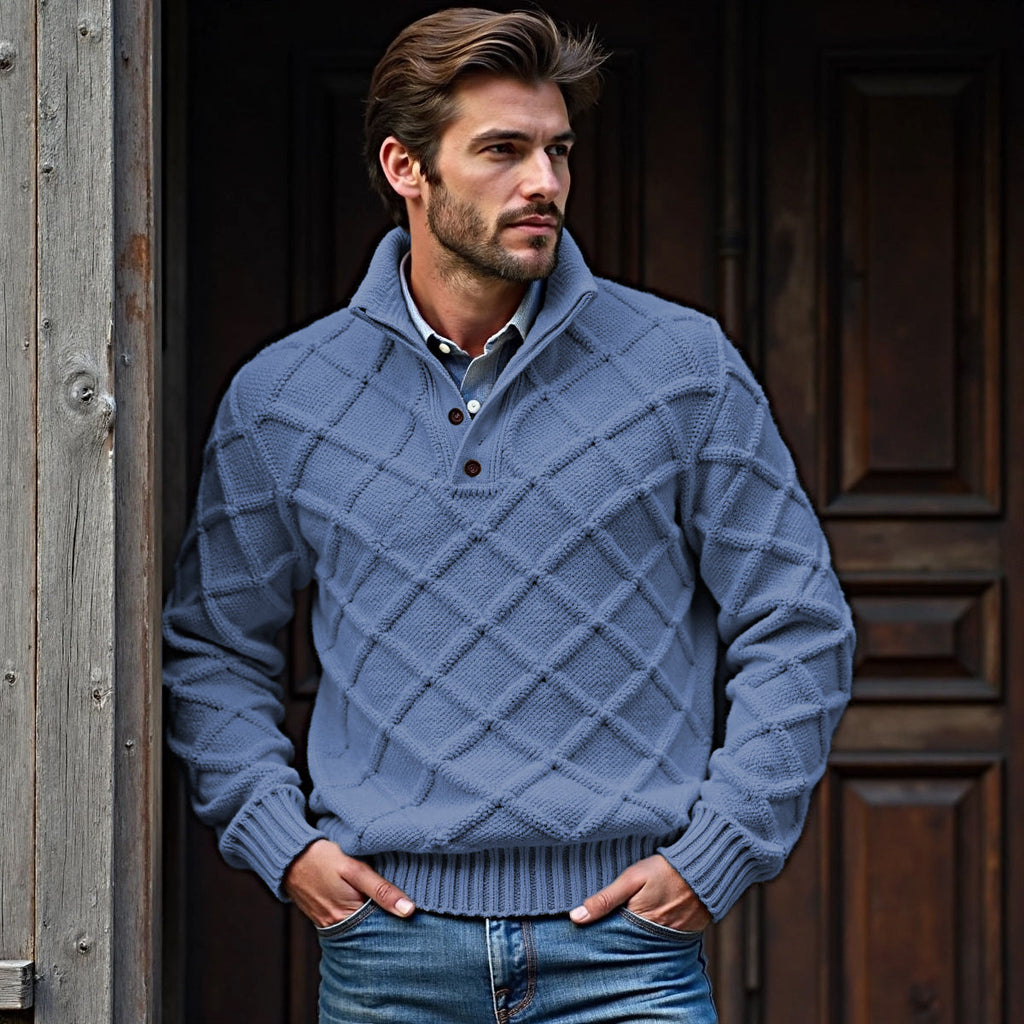 Men's Plaid Jacquard Button Stand Collar Sweater elevenforest