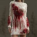 Comstylish Halloween Bloody Roses Embroidered Cozy Knit Sweater Dress