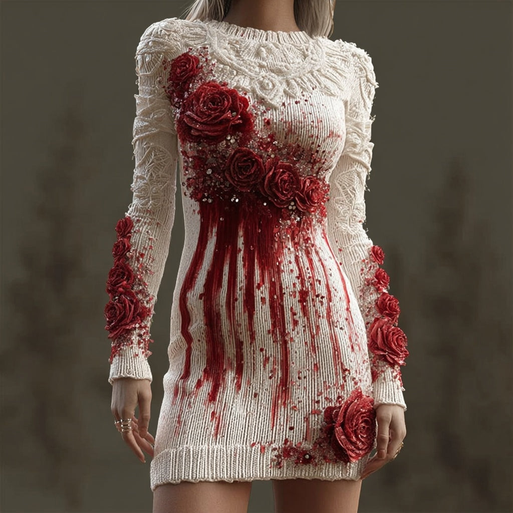 Comstylish Halloween Bloody Roses Embroidered Cozy Knit Sweater Dress