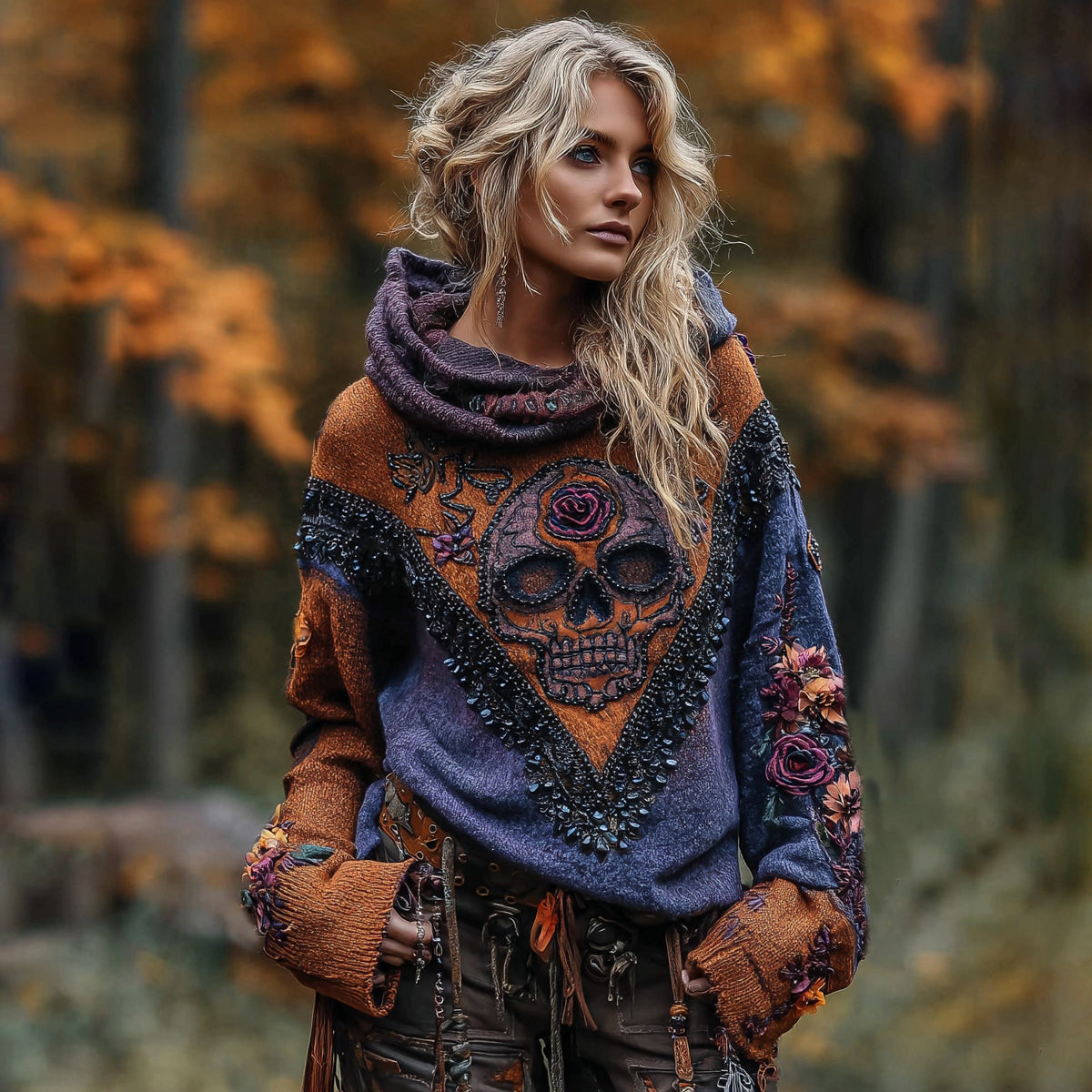 Rose Skull Gothic Color-block Hooded Sweater artswardrobe