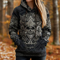 Women's Vintage Viking Tribal Celtic Skull Gradient Art Chunky Knit Hooded Sweater elevenforest