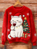 Comstylish Christmas Wine Tasting Cat Embroidered Sweater