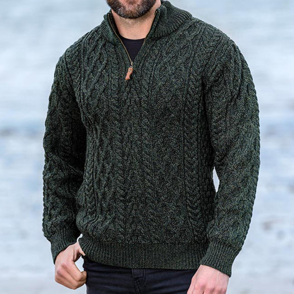 Vintage Traditional Chunky Knit Warm Zip-Up Sweater artswardrobe